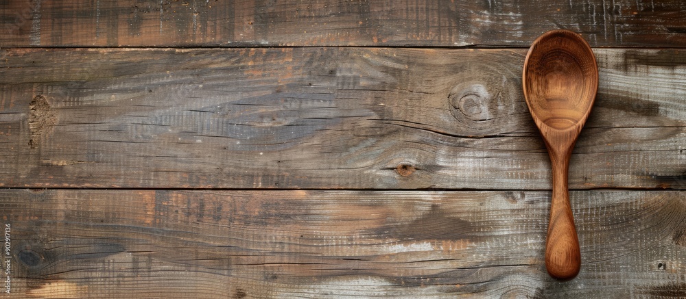 Poster a large wooden spoon displayed against a wooden backdrop with copy space image