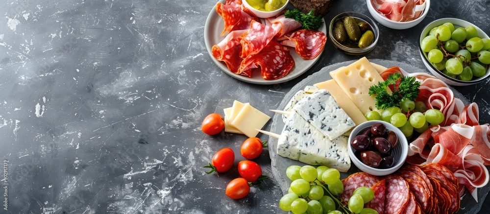 Poster Top view of a varied antipasto platter on a gray background with cold meats cheeses and grapes Ample copy space image available