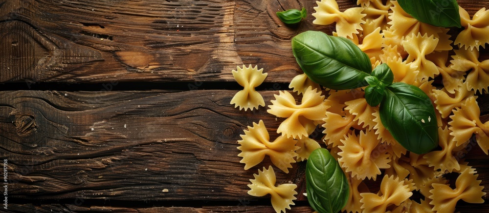 Poster a pleasing top view of farfalle and fresh basil leaves on a wooden table with copy space for text