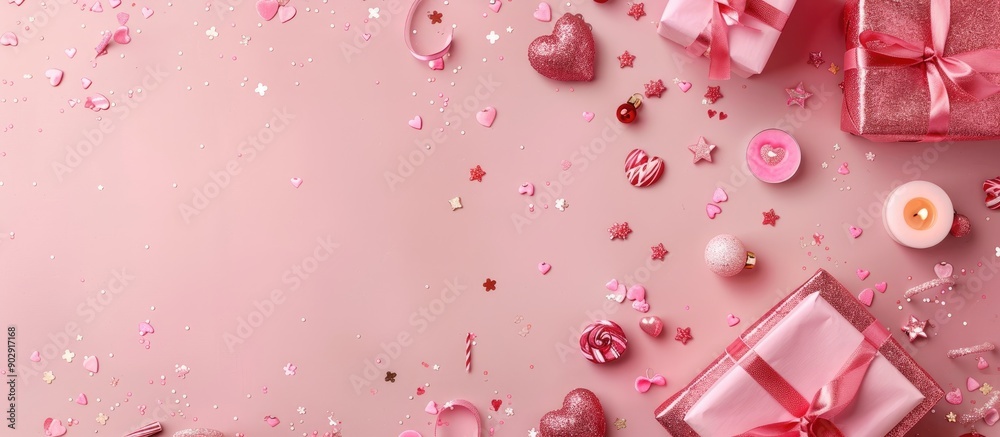 Aufkleber valentine s day themed picture with gifts candles and confetti on a pink background top view with am
