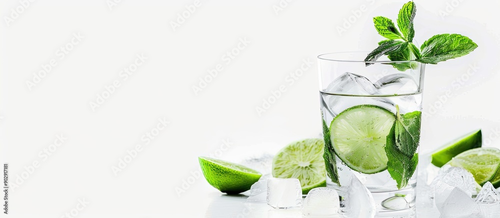 Aufkleber transparent alcohol in a glass with lime and mint leaves against a white background with empty space