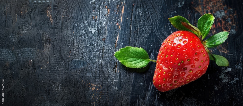Poster top view of a ripe strawberry with leaves on a dark wooden surface ideal for a copy space image