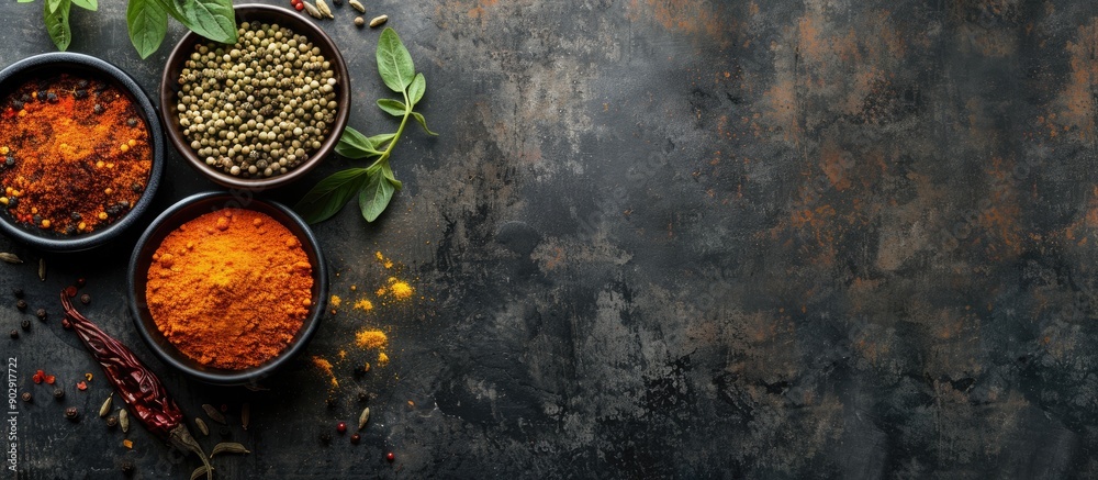 Aufkleber indian spices and herbs on a stone surface with copy space image available