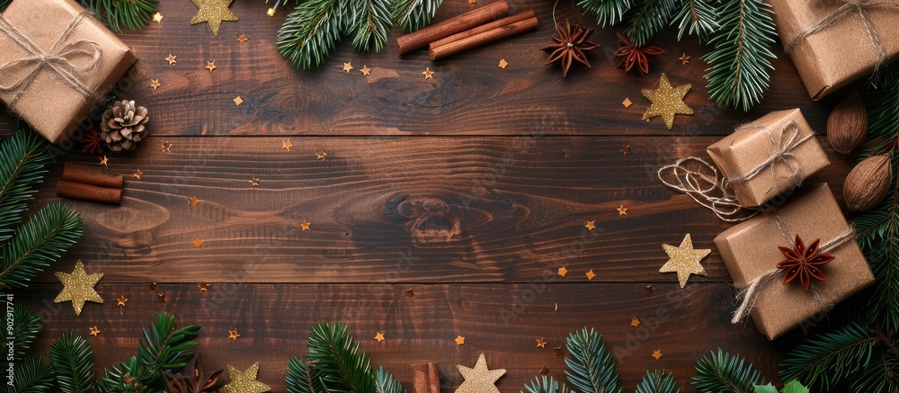 Poster rustic wooden background with a christmas arrangement featuring spruce gifts cinnamon anise and conf