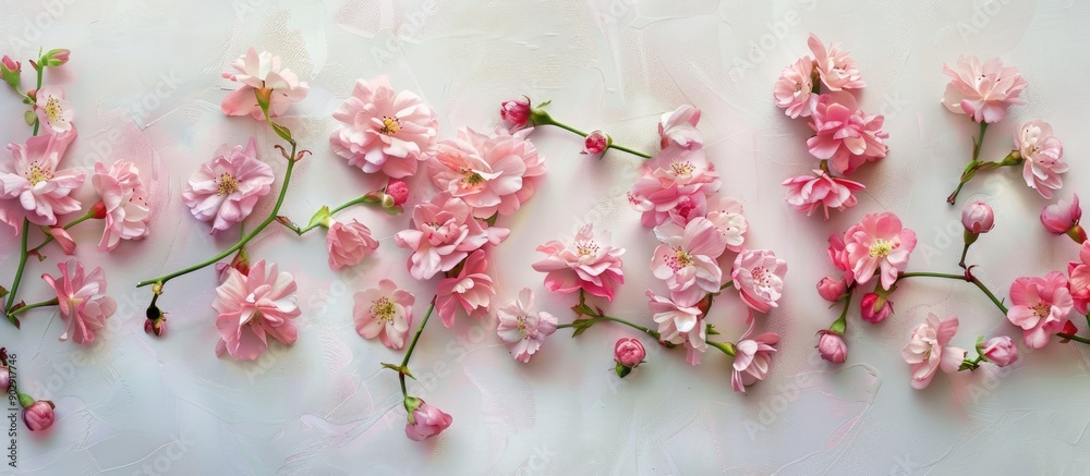 Canvas Prints Top down view of pink flowers arrangement on a soft background creating a flat lay composition with copy space image