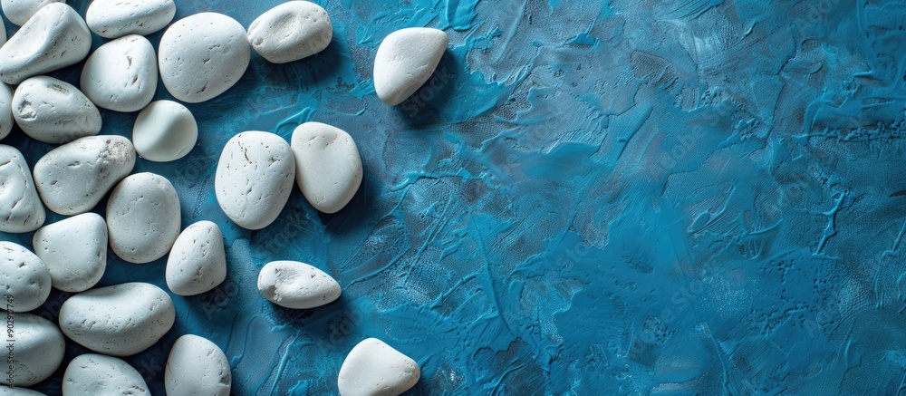 Aufkleber a messy arrangement of white textured pebbles on a blue table with copy space image