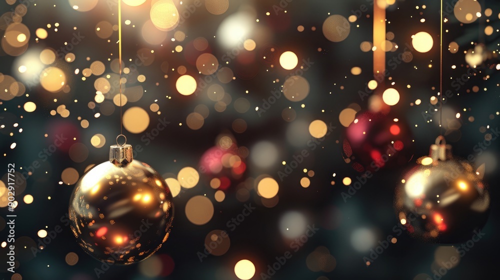 Poster abstract defocused background with christmas ornaments and gold lights