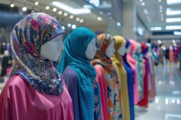 Obraz premium A collection of modern Islamic fashion items displayed on mannequins in a shopping mall