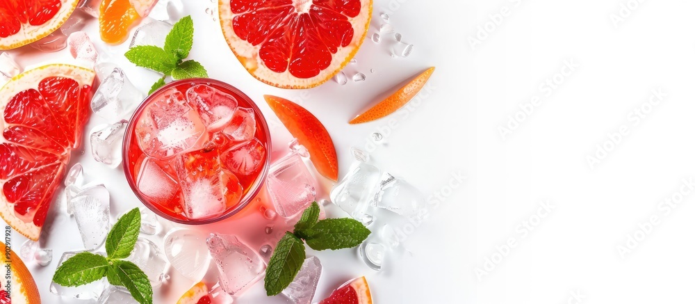 Aufkleber Red drink with ice grapefruit and mint on a white background suitable for including text or design in the empty area. Creative banner. Copyspace image