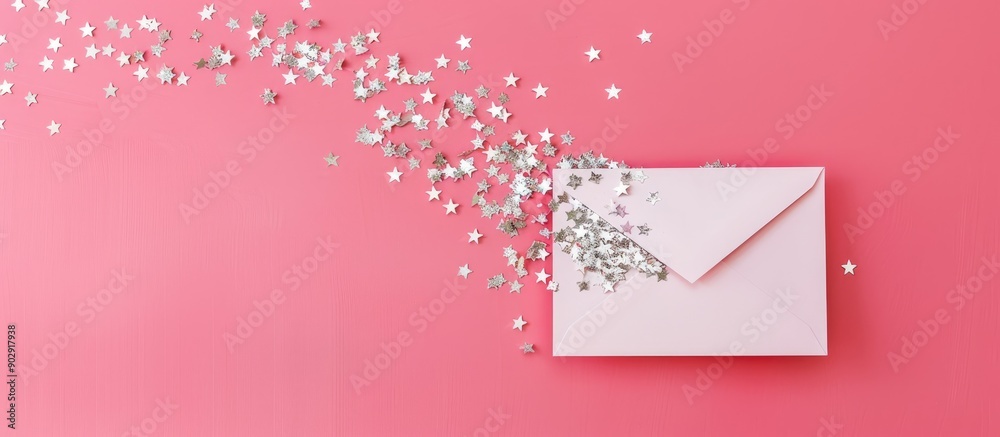 Aufkleber minimal christmas card featuring a silver star confetti sprinkling from an envelope onto a pink back