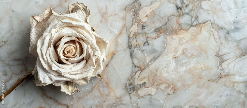 Aufkleber top view of a dried white rose on a marble background leaving space for text or other imagery. creat