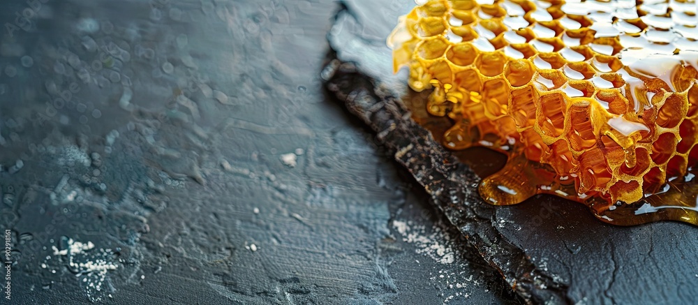 Poster honey drizzled over honeycomb on a slate board with room for a copy space image