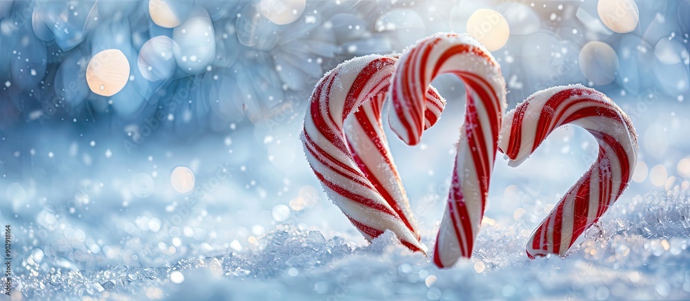 Poster heart shaped christmas candy canes displayed on a snowy table with copy space image