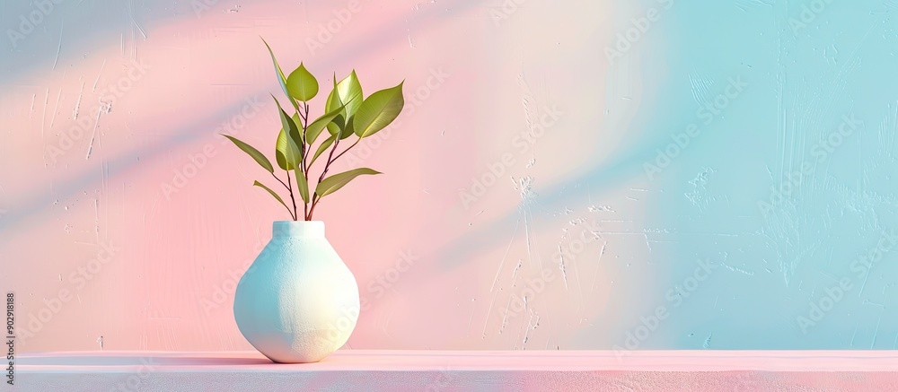 Aufkleber spring concept depicted with a gypsum vase displaying fresh leaves sprouting against a pastel pink a