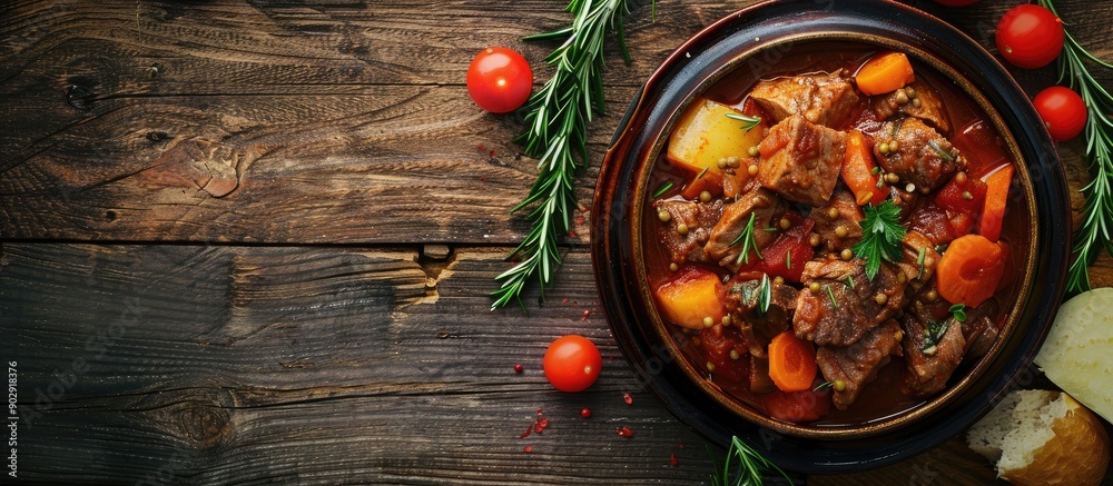 Poster rustic image of a healthy meal snack with goulash meat stew vegetables and pork on a table outdoors 