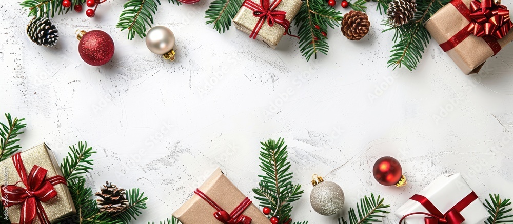 Poster A festive Christmas backdrop featuring tree branches and colorful gift boxes and baubles on a white background complete with copy space image