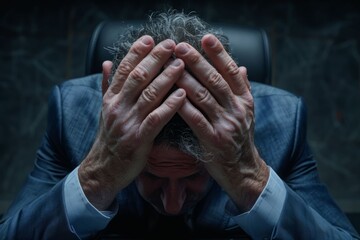 Fototapeta premium A stressed businessman with his head in his hands, depicted in a dark office setting, showcasing emotional turmoil and pressure.