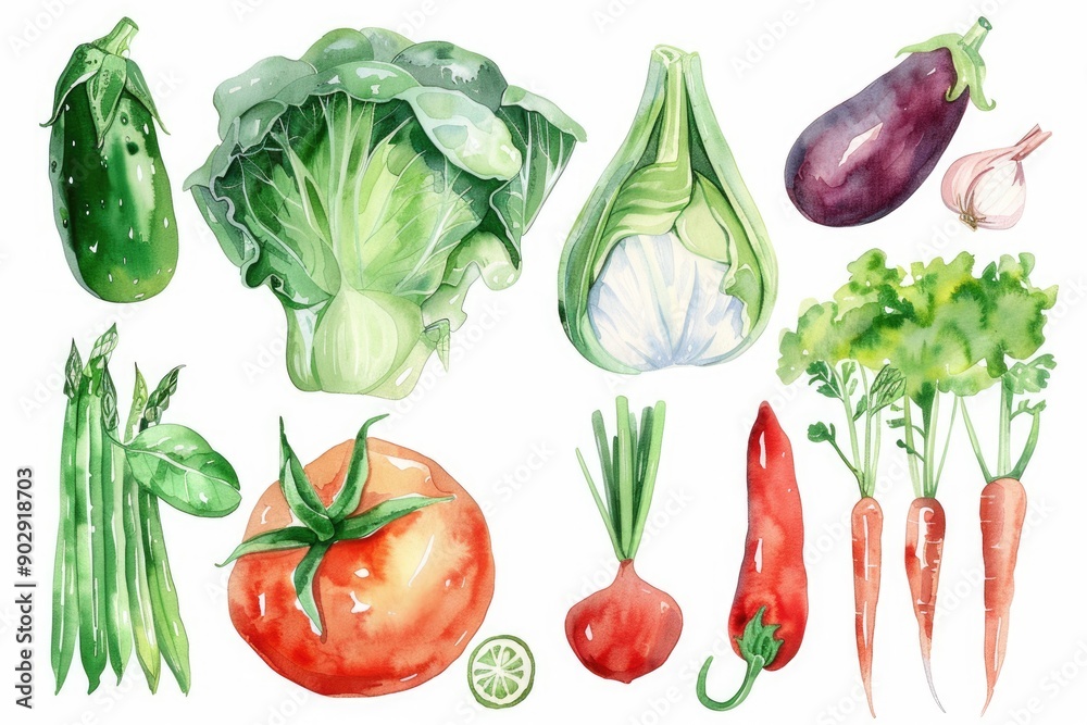 Canvas Prints Organic Vegetable Bounty. Hand-drawn Watercolor Illustration of Fresh Vegan Market Basket on White Background