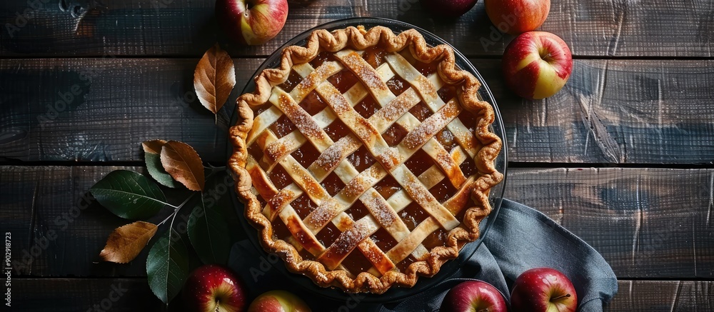 Poster a homemade apple pie with marmalade captured in a dark and moody photograph with copy space image