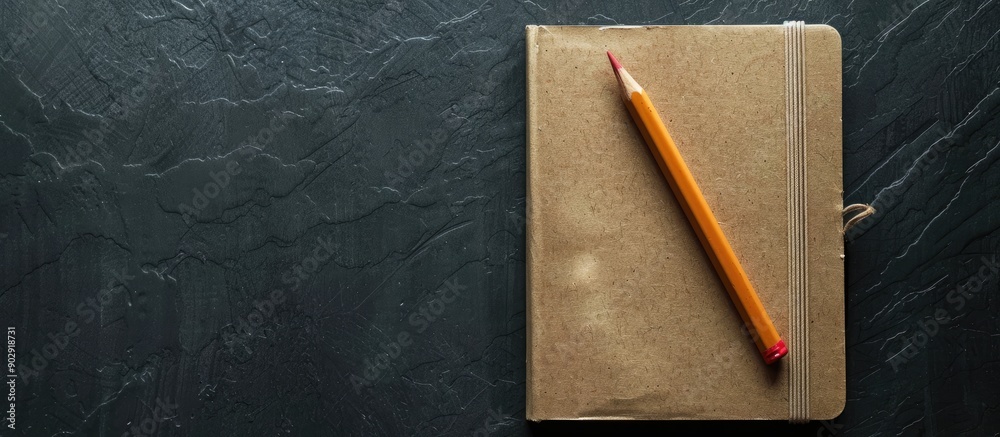 Leinwandbilder top view of a notebook and pencil on a black background presenting a copy space image