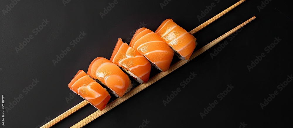 Poster sushi pieces held by chopsticks on a black backdrop with a copy space image for a creative japanese 