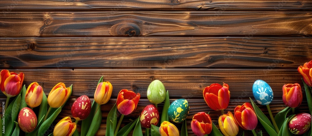 Canvas Prints Top view of vibrant Easter eggs and tulips on a rustic brown wooden surface with ample copy space image