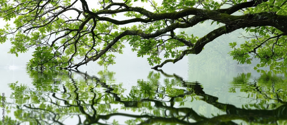 Poster Luxuriant tree branches with green foliage cascading above the mirrored water below creating a tranquil scene with copy space image
