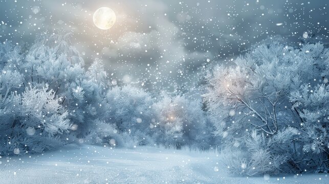 Winter Night Landscape with Full Moon and Snowfall in Frosty Forest