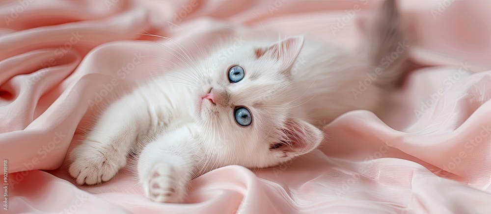 Poster a white british kitten with blue eyes is lying on its back on a pink fabric creating a lovely copy s