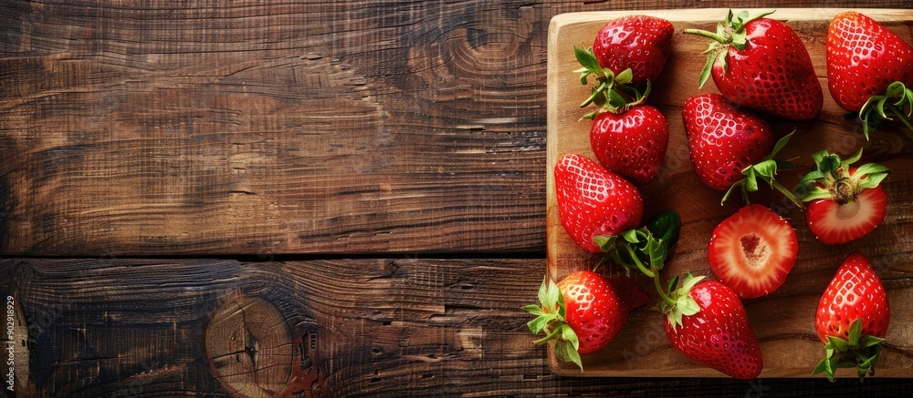 Poster strawberry displayed on a wooden cutting board with copy space image