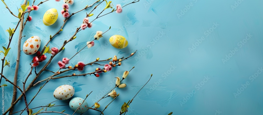 Poster Willow branches and colorful eggs create an Easter composition on a blue background ideal for a greeting card with copy space image in banner size