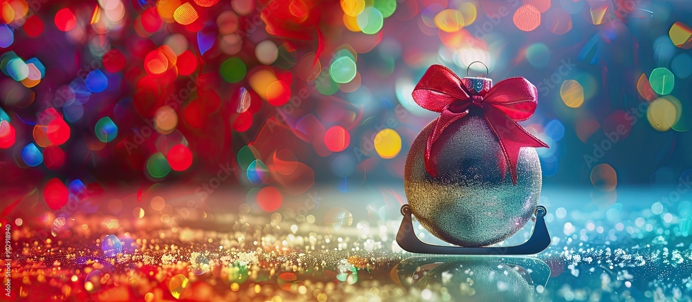 Aufkleber a holiday bauble with ice skates on a colorful backdrop featuring a red bow and room for text or a p
