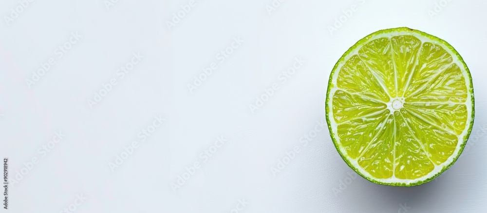 Poster Top view of a lime slice on a white background with ample copy space image for text creating a flat lay pattern