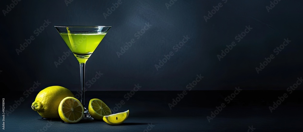 Poster A green lemon placed with a cocktail glass on a dark backdrop creating a stylish copy space image
