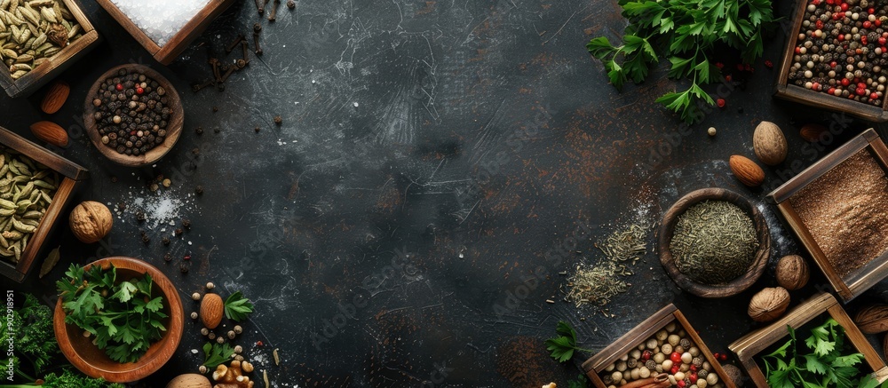 Poster Various spices displayed on a dark backdrop encircled by wooden boxes holding salt pepper coriander cloves walnuts and parsley creating a border for a copy space image