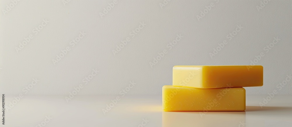 Poster Yellow soap displayed with copy space image on a crisp white background