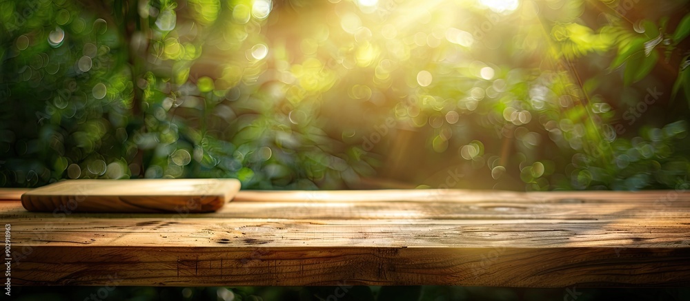 Fototapete Wooden table in garden with cutting board on top set against a sunny green bokeh background ideal for adding images in the blank space provided. Creative banner. Copyspace image
