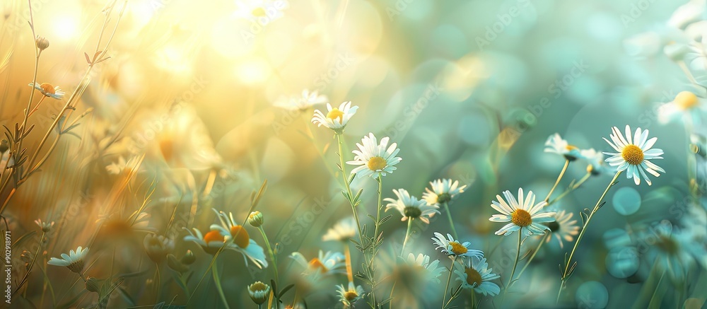 Poster wide angle summer background with beautiful daisy flowers in a flower meadow ideal as a panoramic we