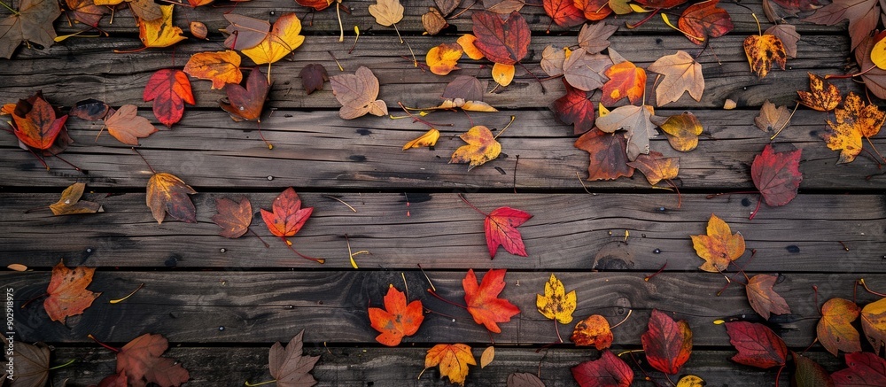 Poster wooden background covered with autumn leaves ideal for a copy space image