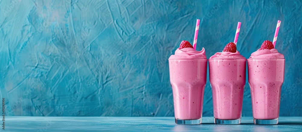 Poster Pink smoothies displayed on a blue background with additional room for text or images known as copy space image