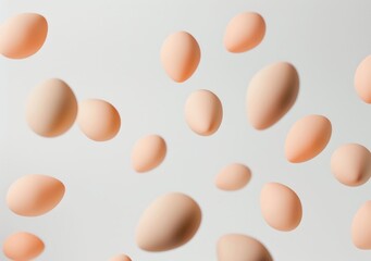 Floating brown eggs on a light gray background, creating an abstract and minimalist composition with a sense of motion and lightness