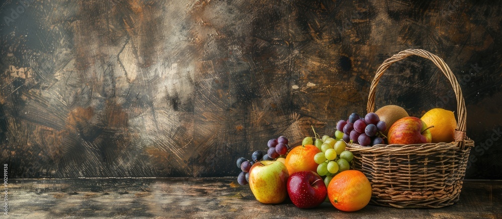 Poster Selection of fruits in the basket creates a rustic display with copy space image
