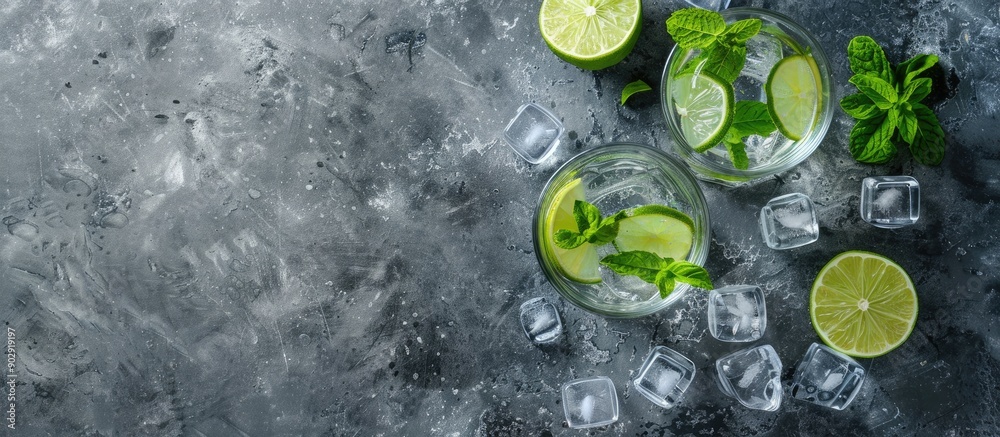 Poster top view image of two highball glasses with a traditional mojito cocktail featuring rum mint lime ju