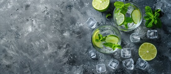 Top view image of two highball glasses with a traditional Mojito cocktail featuring rum mint lime juice citrus slice soda water and ice on a concrete table Includes copy space