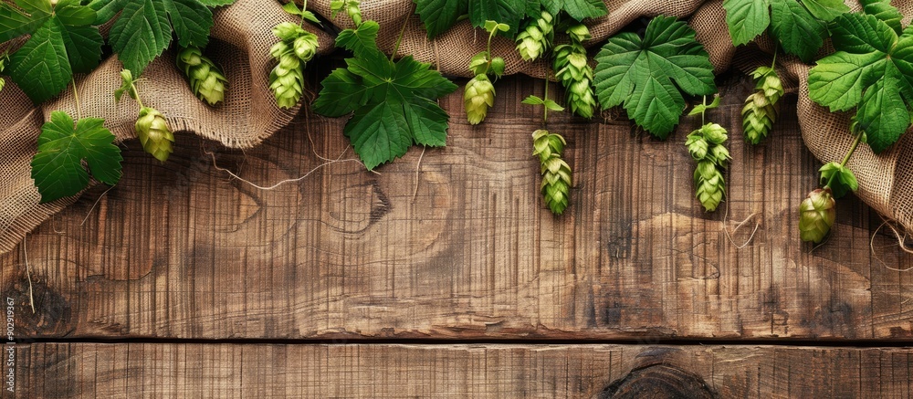 Poster Rustic wooden surface with hops and sackcloth on it ideal for product display with copy space image