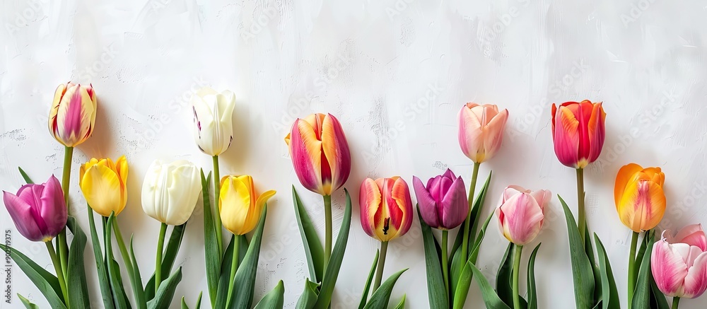 Poster Top view of lovely spring tulips against a bright background with space for additional image