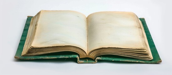 Green notebook with blank white pages against a white backdrop offers copy space image