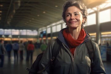 Obraz premium Portrait of a glad woman in her 50s dressed in a thermal insulation vest on bustling airport terminal