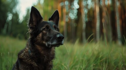 Naklejka premium Dog sitting in grass with forest backdrop closeup of black and brown dog ears