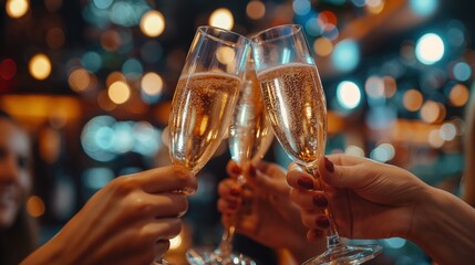 Women hands clinking glasses at festive party image. Ladies enjoying wine drinks in nightclub photography scene wallpaper. Friends activities on holiday concept photorealistic photo